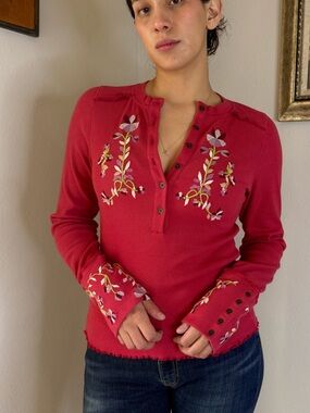 Free People Fleur Embroidered Cuff Henley Top in Retro Red